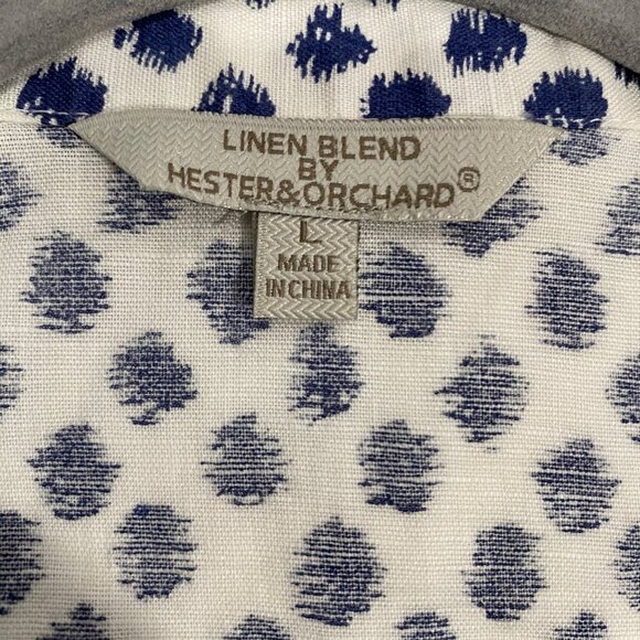 Linen Blend Shirt Hester & Orchard Blue Dot Pattern 3/4 sleeve size L button up - Picture 4 of 9